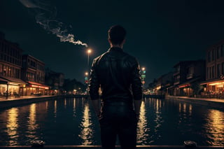(masterpiece), best quality, high resolution, highly detailed, detailed background, perfect lighting, vivid colors, 1male, a guy standing around water city as landscape, holding an fence, cigarette, smoking, realistic water reflection, night, midnight vibes, upper body, up close, from behind, More Detail, low key, dark tone