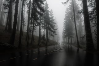 Masterpiece, ultra high res, ultra high quality, from below, a quiet road around the forest, rainy day, fog, ultra detailed, dramatic lighting, ultra realistic, ultra detailed, aesthetic, low key, dark tone, 8k