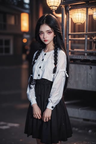 A raw photo of girl, masterpiece, ultra high res, ultra high quality, detailed face, detailed eyes, soft light, 1girl, (a girl standing at outdoor. Night), (cropped arms), (face focus), (red eyes:1.3), (black hair:1.3), (double braids hair), (Beauitful face. cute. innocent), (modest clothing), (focus on viewer. Front view. From below), dark shoot, muted color, low key, dark tone, ultra high quality, ultra high resolution, detailed background, 8k