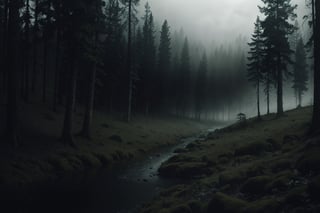 Masterpiece, ultra high res, ultra high quality, a photo of landscape no human, forest, fog, dark, ultra detailed, dramatic lighting, ultra realistic, ultra detailed, low key, dark tone, aesthetic, 8k