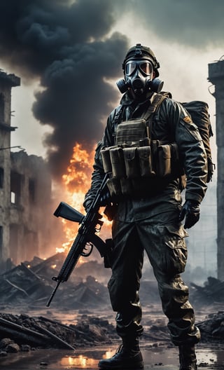 A guy standing at battlefield arena, holding an assault rifle, outdoor, ruins city, upper body, military uniform, gasmask, dirty outfit, wet clothes, dark smoke, fire, rain, after nuclear, radio active, radiation city, wet ground, fire particles, front view, focus on viewer, ruins landscape background, photo real, ultra detailed, masterpiece, ultra high quality, ultra high resolution, ultra realistic, ultra reflection, ultra lighting, detailed background, dramatic lighting, low key, dark tone, 8K