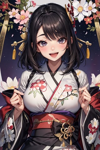 best quality, intricate details, 1 girl, black hair, thick eyeblow:1.4,dark ,long eyelash:1.6,fore head,short hair,((black color japanese traditional cosmos pattern embroidery kimono)), ((embroidered on kimono)),curvy body,
t,winter,blash,portrait,Sexy woman,looking at viewer with smile,happy,open mouth:1.4,