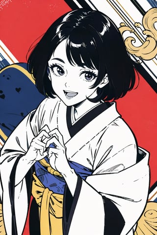 masterpiece), 1lady, absurdres, best quality , intricate details, (shiny skin, shiny hair, pale skintone), Short black curly hair,long eyelush:1.4 ,blown eyeliner,curvy body, (black color japanese traditional winter pattern
 kimono), (dark black eyes ), pink lips, looking at viewer with smile,open mouth:1.4,blash,from_above,realhands,High detailed ,Pixel art,Pixel world,KK-70,portrait,Color magic,monochrome,heart hands,sketch