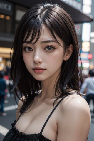 face portrait, RAW photography, (masterpiece), detailed background, perfect lighting, 1girl, long hairstyle, side bangs, medium breasts, wavy short hairstyle, brown eyes, tokyo city,