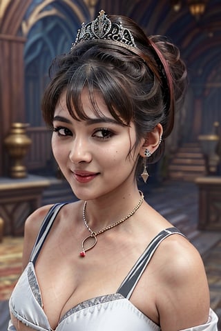 Day scene, close up photo of a sexy princess, posing in a kingdom, big cheeks, super stylish dress with wide cleavage, accessories, earrings, necklace, erotic face, 30 yo, ponytail, look at viewer and smile, (cinematic:1.3), intricate details, (ArtStation:1.2)