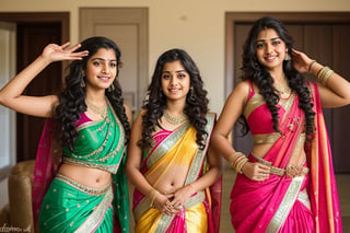 multiple strong Indian female princesses in traditional attire, long curly hair,  teenage twin sisters in saree, clear face, long shot, fantasy story,clear face, dance pose