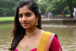 35 year old Indian women in traditional attire in a park bending front, long hair, detailed face, long shot, deep cleavage, saree, wide navel, clear face, wet in heavy rain