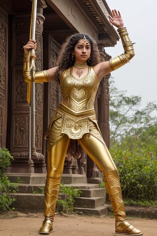 strong Indian female warrior,full body golden armour, long curly hair, swords in both hands, long shot, mahabharatha story,clear face, kalari pose
