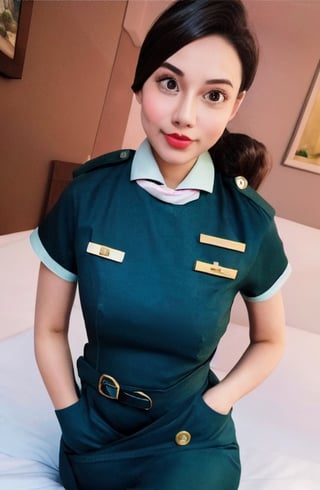 , Best quality, masterpiece, ultra high res, (photorealistic:1.4), 1girl as flight attendance, ((erotic)), ((sexy)), ((nsfw)), ((huge breast)), tight green flight attendance uniform, ((Unbutton the uniform)) realistic,(looking at viewer:1.3),undressing, show bra, show underwear, cabin crew, solo, detailed face, black hair in bun, (looking at camera:1.6), in (random outfit) (narrow waist:1.2), shirtlift, perfect skin, in the room,on bed, beautiful lighting,(random posing),