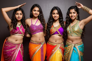 twenty strong Indian female warriors, sexy colourful armour, long curly hair,  teenage twin sisters in saree, long shot, fantasy story,clear face, dance pose