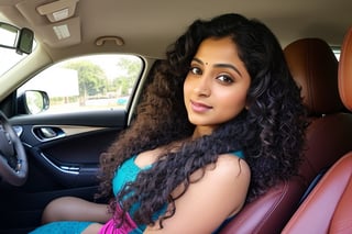 35 year old Indian women sitting in car, long curly hair, detailed face, long shot, deep cleavage,clear face, dance pose
