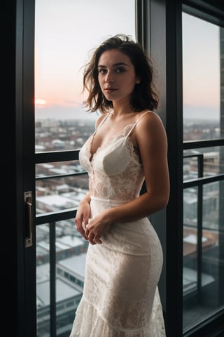 (masterpiece, RAW photo), portrait photo of a trendy beautiful girl standing next to a high rise window, short wavy hair, beautiful white evening dress, lace, intricate, , 50mm, f/1. 4, high detail, sharp focus, cowboy shot, rim light, sunset, 8K UHD