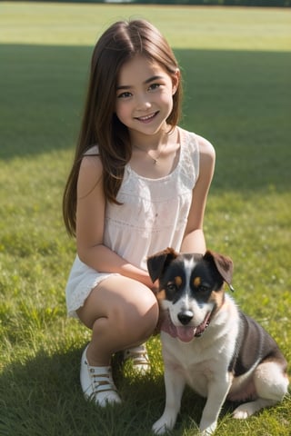 A cute adorable girl with a dog sitting on a grass field,