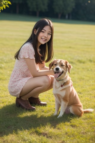 A cute adorable girl with a dog sitting on a grass field,