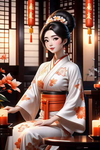 a woman wearing kimono is sitting near two candles, in the style of ethereal portraits, chinapunk, enchanting lighting, dark orange and white, made of flowers, 32k uhd, he jiaying