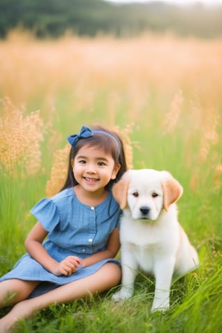 A cute adorable girl with a dog sitting on a grass field,