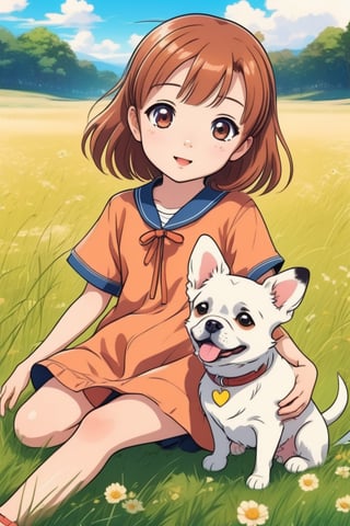 A cute adorable girl with a dog sitting on a grass field,, anime style,