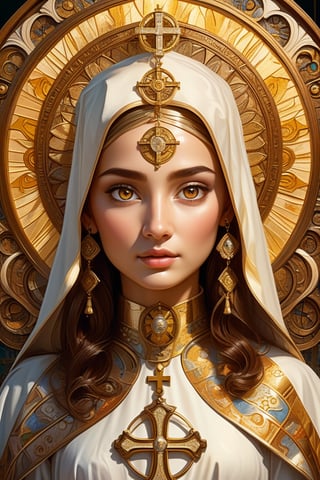 masterpiece, best quality, super detailed face and eyes and clothes, single girl, (papal mantum), symbol shaped golden eyes, shiny golden holy cross on background, (art nouveau:1.1), side lighting, alphonse muchales, 