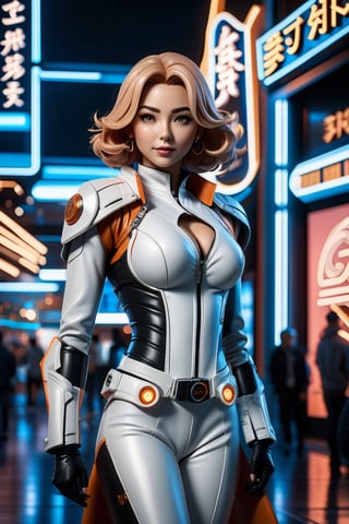 a woman standing in front of a neon sign, in the style of hyper-realistic sci-fi, steelpunk, candid shots of famous figures, mote kei, leather/hide, dc comics, sony alpha a1, anime style,