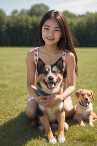 A cute adorable girl with a dog sitting on a grass field,