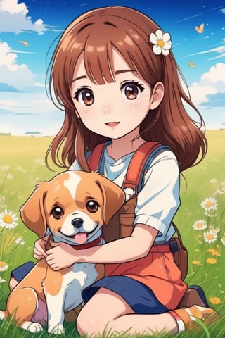 A cute adorable girl with a dog sitting on a grass field,, anime style,