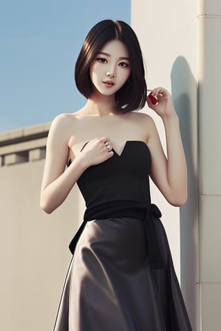 photorealistic, beautiful korean woman long black Horsetail hairstyle, Design a beautiful, simple-cut strapless, exudes elegance and charm. background sunny skies background, The dress should be perfect for warm, sunny days and radiate a carefree and feminine vibe. Here are some details to consider:Silhouette: Create a classic and flattering silhouette that enhances the wearer's figure. A popular choice could be a fit-and-flare style with a cinched waist and a flowing skirt,wo_stoya02