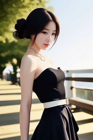 photorealistic, beautiful korean woman black Horsetail hairstyle, Design a beautiful, simple-cut strapless, exudes elegance and charm. background sunny skies background, The dress should be perfect for warm, sunny days and radiate a carefree and feminine vibe. Here are some details to consider:Silhouette: Create a classic and flattering silhouette that enhances the wearer's figure. A popular choice could be a fit-and-flare style with a cinched waist and a flowing skirt,wo_stoya02
