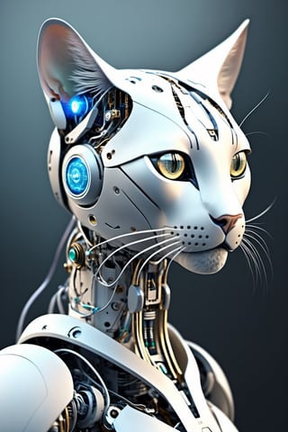 robot with a cat head and android body, feline visage of curiosity and playfulness, expressive digital eyes, sleek and metallic body with intricate circuitry, mechanical limbs, fluid and precise movements, blend of instinct and efficiency, captivating fusion of nature and technology
