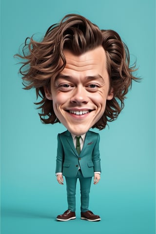 Caricature figure of Harry Styles, head, legs, feet, teal dimentional background, high-res