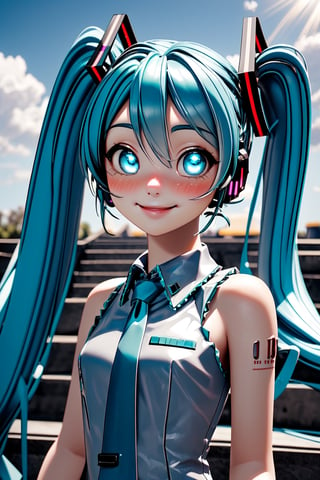 3D, pvc, render, chibi, mikudef, upper body, smile, blush, outdoors, simple background, looking at viewer, stairs, facing viewer,high lights, light aura, best quality, masterpiece, a very delicate and beautiful, (one little and cute girl at the center:1.2), (solo:1.3), outdoors,(Hatsune Miku, glowing eyes)