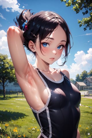 Marley_PKM, masterpiece, best quality, highres, cinematic lighting, marley, (young, teen:0.8), 1girl, solo, upper body, looking at viewer, outdoors, black swimsuit, arm above head, armpit, school yard, 