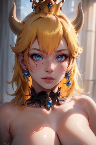 Peach_SMP, (, ElizaiQuyen, ) character, , bowsette, horns, spiked collar, blonde hair, blue eyes, crown, breasts, porcelain skin, looking at self, (beautiful eyes), detailed skin, 8k, (RAW photo, best quality, masterpiece, intricate details:1.4), (realistic, photo-realistic:1.37), absurdres, high resolution, very detailed