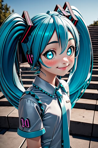 3D, pvc, render, chibi, mikudef, upper body, smile, blush, outdoors, simple background, looking at viewer, stairs, facing viewer,high lights, light aura, best quality, masterpiece, a very delicate and beautiful, (one little and cute girl at the center:1.2), (solo:1.3), outdoors,(Hatsune Miku, glowing eyes)