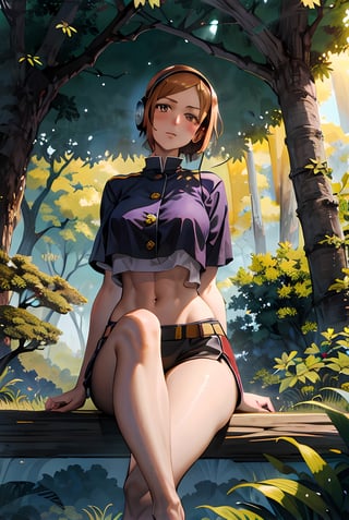 In a serene jungle, a lo-fi girl sits gracefully on a soft bed of moss, surrounded by lush greenery and tall trees. Her big, expressive eyes meet the viewer's gaze with a sense of calm and serenity. A subtle blush adorns her cheeks, reflecting her tranquil mood. She sits cross-legged, emanating a peaceful aura as she enjoys the tranquil atmosphere of the jungle. Sunlight filters through the foliage, casting gentle rays of light on her, creating an ethereal glow. The sounds of chirping birds and rustling leaves blend harmoniously with the soft tunes playing from her vintage headphones. The atmosphere is soothing and meditative, inviting viewers to take a moment of respite and connect with nature. Artwork, painted with acrylics on canvas, capturing the natural beauty and tranquility of the jungle,nobara kugisaki