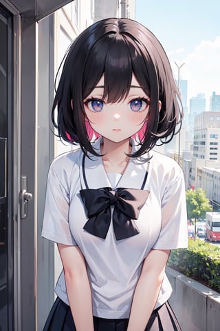 ((masterpiece)), (best quality), (beautiful detailed eyes), (ultra-detailed), (finely detail), (highres), colorful, pastel color, 1 cute girl, black hair, High school girl, school uniform, city, 