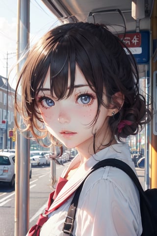 1girl, (masterpiece:1.2), highres, high quality, (perfect face and eyes:1.2), (textured skin:1.2), bus stop, wind, serafuku, school uniform, intense light rays, cute