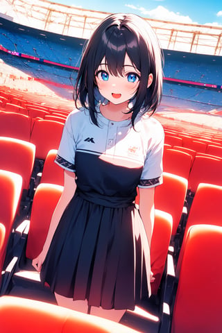 ((sfw, masterpiece, best qualit, beautiful detailed eyes, ultra-detailed, finely detail, highres)), 8k, 1 girl, cute, kawaii, black hair, dynamic angle, Stadium seats, looking away, excited