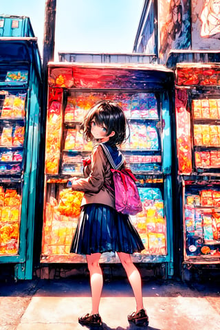 ((masterpiece)), (best qualit), (beautiful detailed eyes), (ultra-detailed), (finely detail), (highres), 8k, (look away:1.5), pastel colour, black hair, shiny hair, (2 girls), big eyes, (cute turime), (city), (japanese vending machine), collared shirt, blazer, pleated skirt, school uniform, bow, (two side up), (depth of field), standing, Realistic, smile, short hair, outdoors, sunny, medium hair, holding a plastic bottle, perfect,perfect