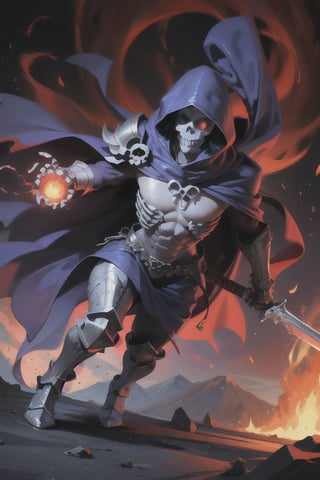 ((skeletor)) ((white skull face)) ((battle armor)) (masters of the universe) purple hood, red glowing eyes,  full body, best quality, masterpiece, masters of the universe, holding a sword,  1skeleton warrior, blue skin, the skin on arms and chest is blue, skeletor face, skeletor look, skeletor likeness, purple armor, purple cape, intrincate details, skulls,  fur pants, sword of power in hand, battle pose, attack,  dramatic lighting, from below. castle grayskull background, lava, mountains, thunder, lightning
,inksketch