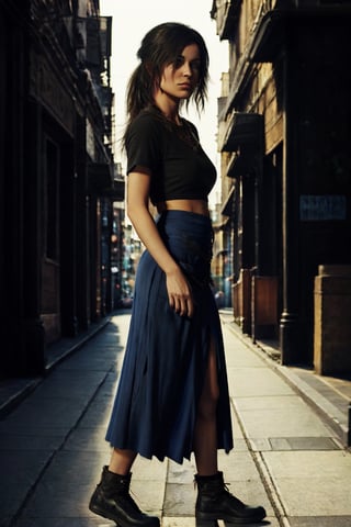 a woman wearing a long blue skirt,bohemian,a city street,a woman in a blue skirt,a portrait of a woman in a blue skirt,early in the morning,asia