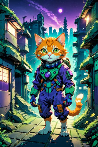 Happy orange cat in a mechatronic spacesuit roams abandoned streets of ancient japan, buildings are overgrown with fauna, a mouse hides in the foreground, night time, futuristic, dreampunk, purple and green and blue color themed, diffused backlighting, 4k, style of Hiromu Arakawa, cinematic wide shot