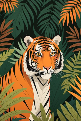 tiger in a jungle with foliage for decorative print, in the style of deborah azzopardi, close-up intensity, jon mcnaught, animated illustrations, agustín fernández, orange and brown, captivating visual storytelling 