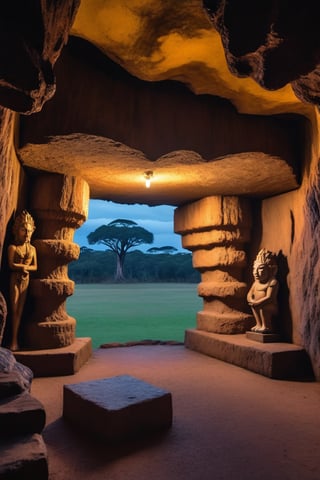 photograph, landscape of a Mythical Grotto from inside of a Harare, at Twilight, Depressing, Cloudpunk, Cold Lighting, dynamic, Nikon d850, Depth of field 270mm, Amaro, Golden ratio
