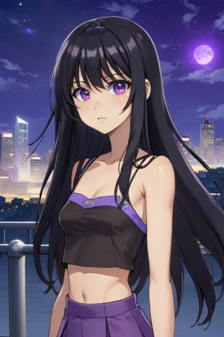 uwudemon, a grumpy girl with long black hair and front bangs. with large brown eyes and light brown skin. wearing a black tube top. standing outside at night with city scape and night sky. in anime style school ID photo with a purple hue. 