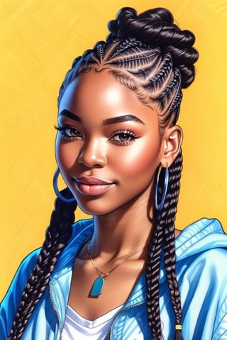 90's anime , beautiful black woman, hyper detailed cornrows hairstyle super pro illustration, pencil hatch, sketch, crossinghatch, pencil sketch, drawing, colorful background