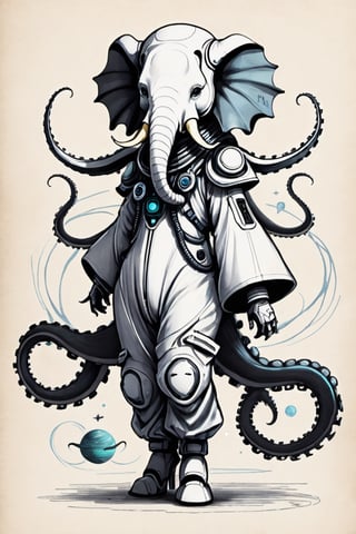 darkart,sketch of Gromozeka looks like a cross between an octopus, an elephant and a shark , dressed in a space jumpsuit