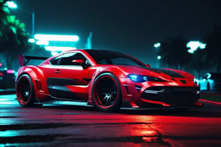 A cyberpunk sport car, need for speed carbon style, Corvert, red paint and black line pattern,under the car neon light, at night, in city park, professional car photo, 