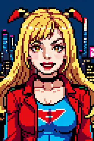 masterpiece, best quality,Harley quinn, hair bangs, Blonde, chocker, jacket,Margot robbie face,  photorealistic, upperbody, low lighting, big city, RAW PHOTOGRAPHY, attractive face, full Red eyeshadow, pale skin  ,Pixel art