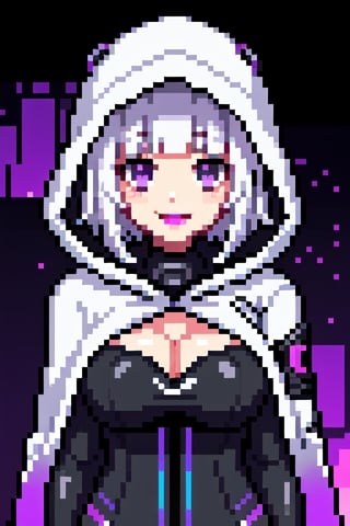 hologram,purple skin, hood, rating:safe, 1girl, solo, smile, hood up, orb, looking at viewer, hooded cloak, upper body, purple eyes, bangs, short hair, (complex cyberpunk background), gloves, blunt bangs, blush, breasts, black background, black gloves, white hair, hooded cape, purple lips, cleavage cutout, , full scpecial effect particle and complex background , cyberpunk background style and refferences , oil pastel mix,Pixel art