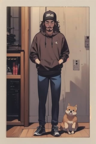 ((1man)), snapback, sunglasses, ((black_short_hair)), (short_beard), black_hoodie, denim_pants, air_jordan_1_high, cartoon, (Musical notes), skinny body, (small_Shiba_Inu), ((rolex)),1 page manga